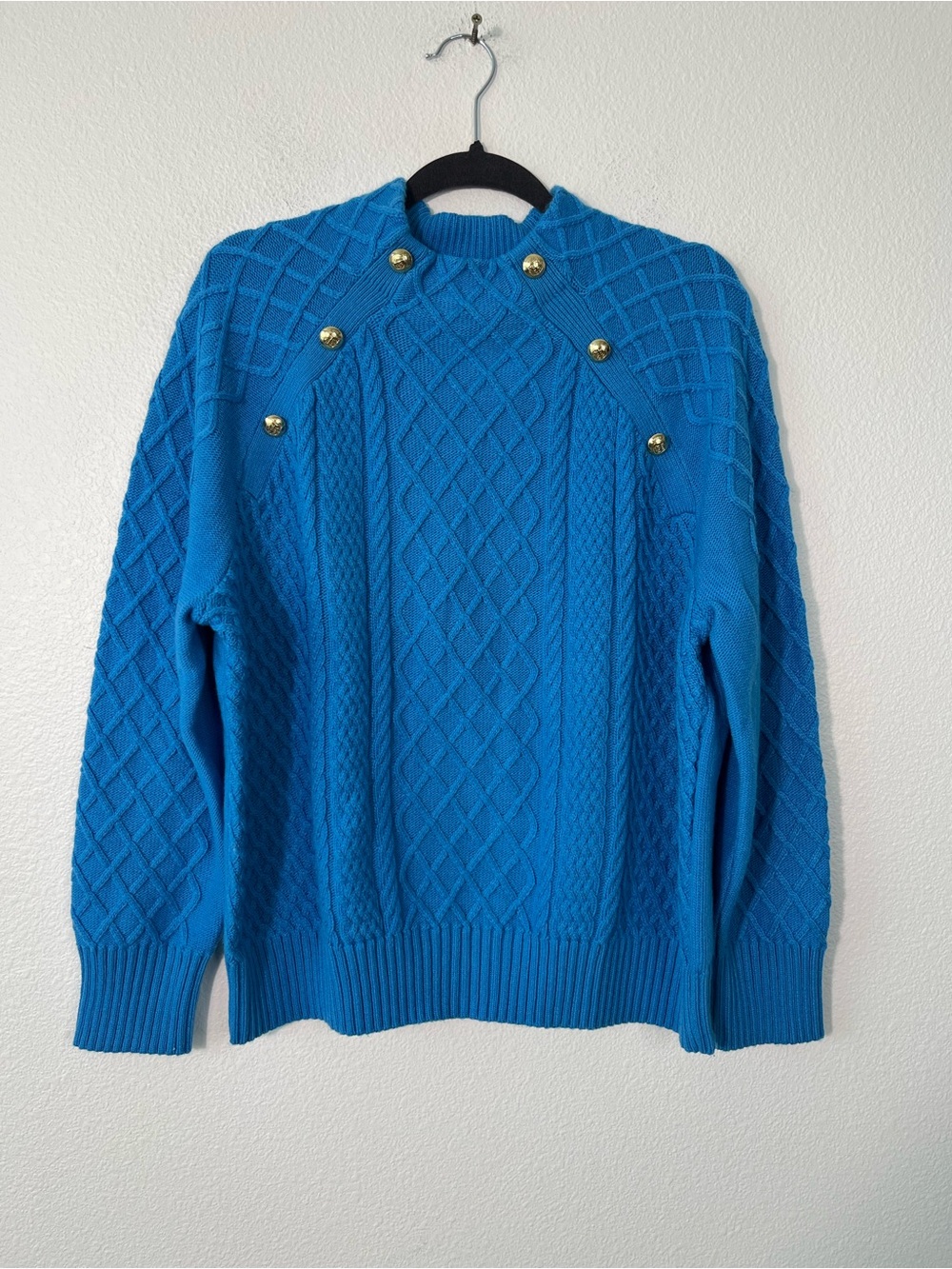 Talbots Mockneck Cable Knit Sweater Blue with Gold Buttons Women Size XL NEW